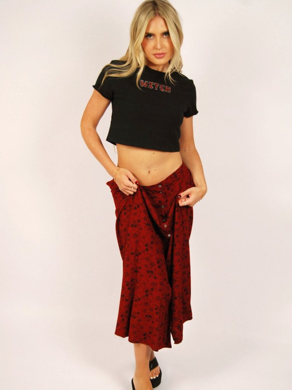 Y2K Witch T-Shirt (M) medium black vintage womens crop top bedazzled rhinestone
